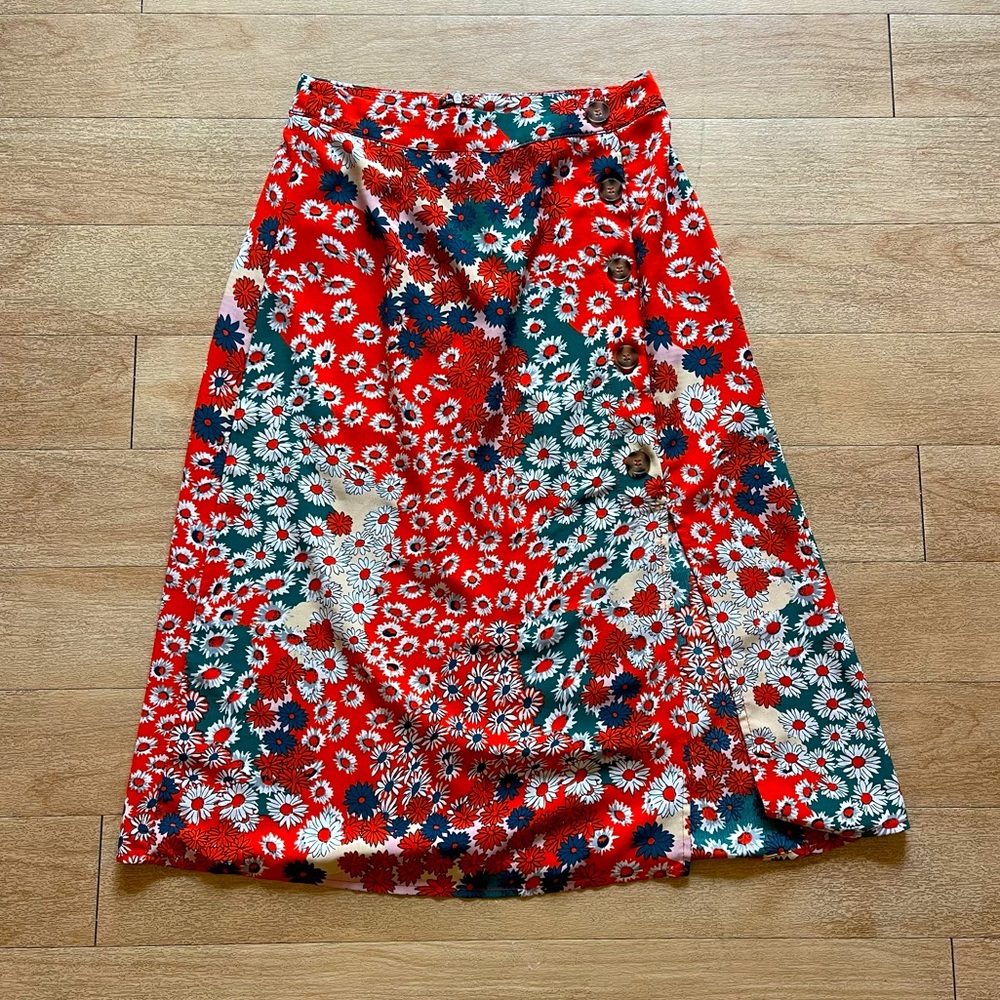 Orange Floral Printed Midi Skirt